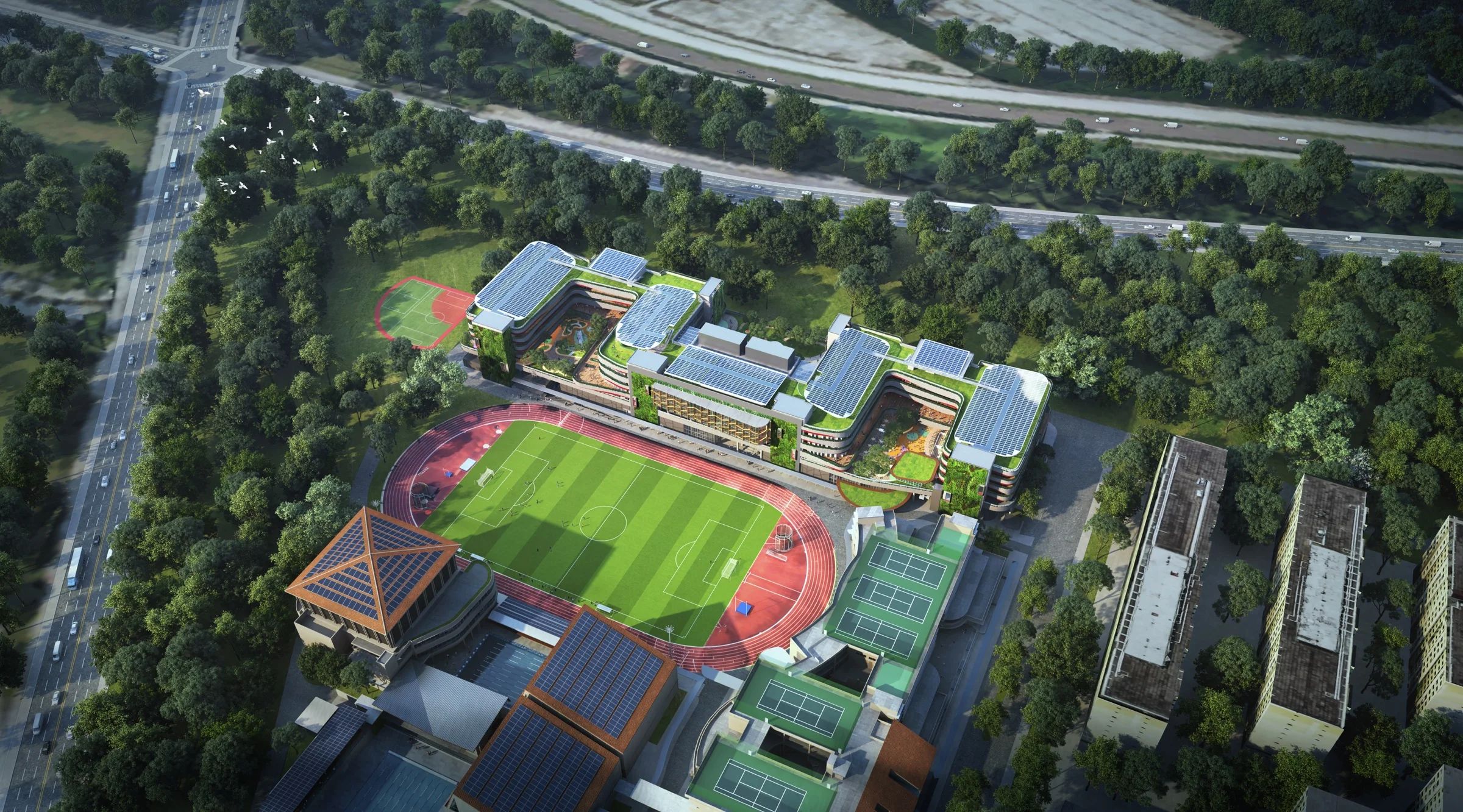 Aerial rendering of the Singapore American School campus with rooftop solar panels