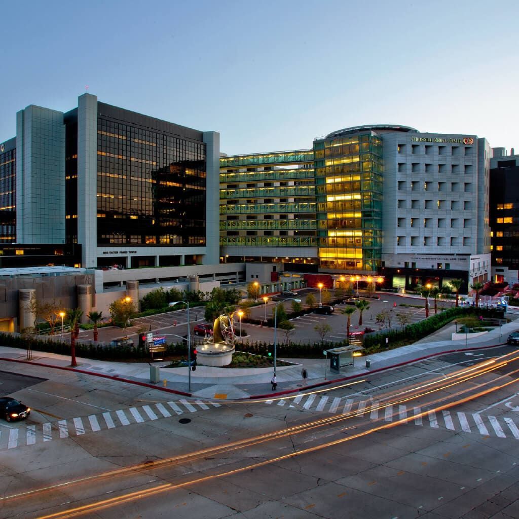 A partner hospital campus at dusk